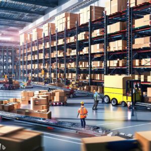 A state-of-the-art distribution center with conveyor belts transporting packages, shelves stacked with boxes of various sizes, workers in bright uniforms operating forklifts, pallets, and scanners, showcasing the complexity of logistics, 3D rendering with a focus on lighting and shadows