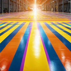 a brightly colored striped pattern on a freshly painted warehouse floor. The stripes are evenly spaced and guide the flow of traffic in the space