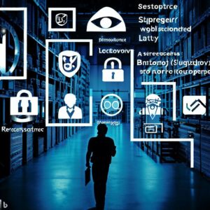 a warehouse with 7 security measures highlighted through visual cues such as locks, cameras, firewalls, access control systems, biometric scanners, encrypted data, and security