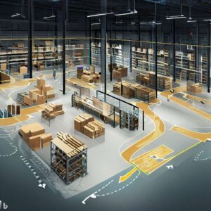 layout of a warehouse with labeled areas for inventory storage, packing and shipping, and clear pathways for easy navigation. Use realistic details such as shelving, pallets, and crates