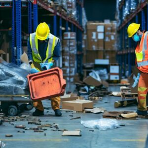 a warehouse with damaged or defective items in a designated area. Show employees wearing protective gear and using appropriate tools to handle and dispose of the items