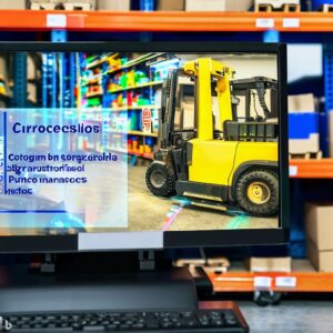 inventory tracking software on a computer screen. plus a barcode scanner and automated forklift