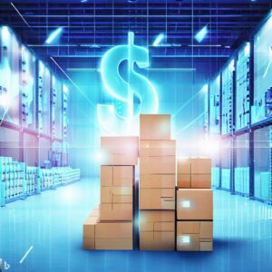 warehouse with stacking boxes, while dollar signs and graphs hover above. The background should be a bright and futuristic blue
