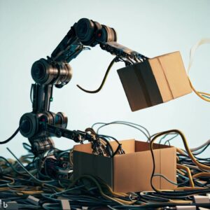 A robotic arm struggling to lift a box surrounded by a mess of tangled cables and wires