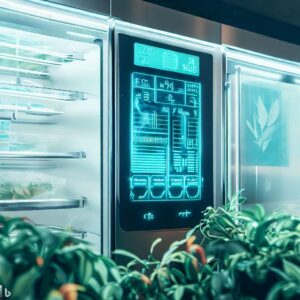 an automated freezer with a digital display panel showing real-time energy usage data. The freezer is surrounded by green plants, highlighting its eco-friendly features.
