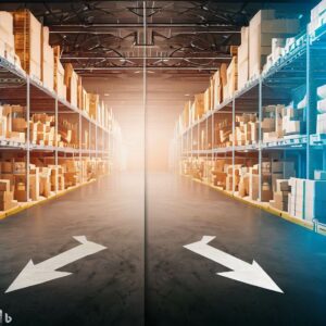 a warehouse split into two sides with arrows pointing towards each side, one labeled "Centralized" and the other "Decentralized," highlighting the pros and cons of each inventory management system