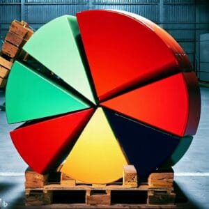 A pie chart showing the error rates of different warehouses: each segment a different color, with the largest one in red and a shipping pallet