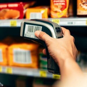 A close-up shot of a hand holding a barcode scanner, scanning a barcode on a food package sitting on a shelf next to other packaged food products. The background is out of focus