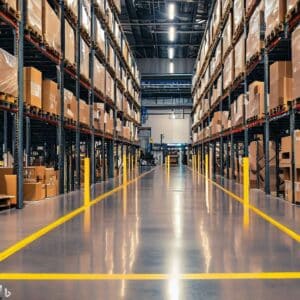 warehouse with clear aisle paths, efficient flow of goods, and properly labeled inventory locations, showcasing the best practices for automatic warehouse design.