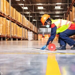 Show a person in safety gear, carefully and precisely painting lines on a warehouse floor with a roller