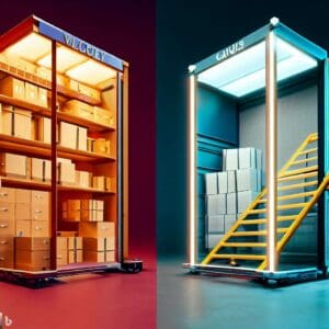 Vertical Lift Module vs causale module, show boxes and a warehouse theme